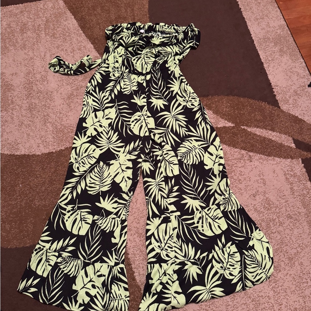 Cato Black and Green Leaf Print Wide Leg Jumpsuit